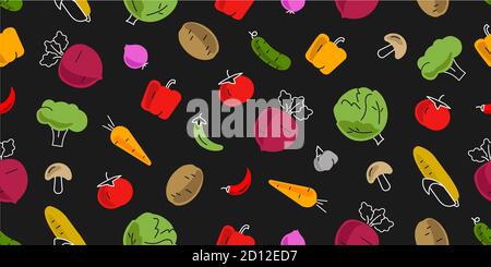 seamless pattern with vegetables icons simple bright and colourful illustrations, hand drawn effect, dark backdrop Stock Photo