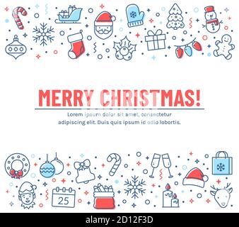 Merry Christmas greeting card. Banner with colored outline icons. Vector background with holiday line symbols and copy space for your text. Stock Vector