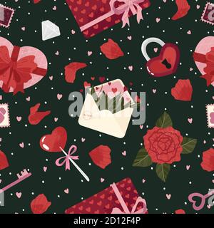 Valentine's Day background with various elements for celebration. Cute cartoons elements in flat style seamless vector pattern for greeting cards and Stock Vector