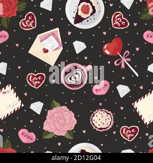 Valentine's Day background with various elements for celebration. Cute cartoons elements in flat style seamless vector pattern for greeting cards and Stock Vector