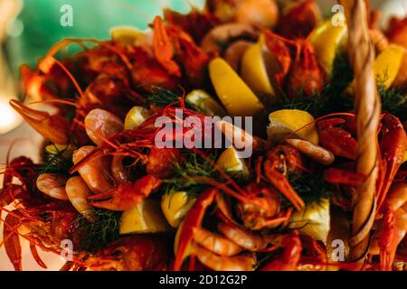 Cooked red crawfish in close-up. Stock Photo