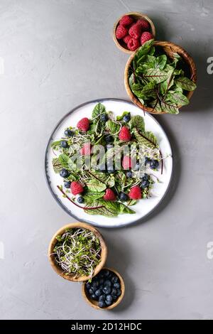 Green vegan salad with berries strawberry, blueberry, sprouts, young beetroot leaves on ceramic plate. Ingredients in wooden bowls above over grey con Stock Photo