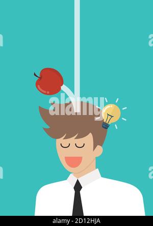 Apple falling dawn to the man head. Man thinking a new idea. Vector illustration Stock Vector