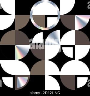 Modern holographic texture with circle and quarters. Geometric swiss modernism vector seamless pattern. Stock Vector