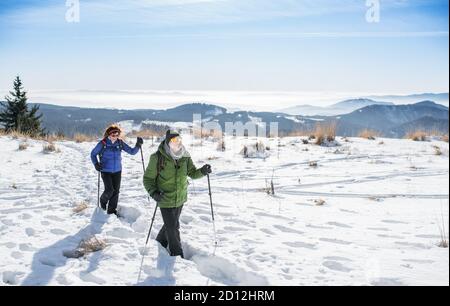 Senior couple with nordic walking poles hiking in snow-covered winter nature. Stock Photo