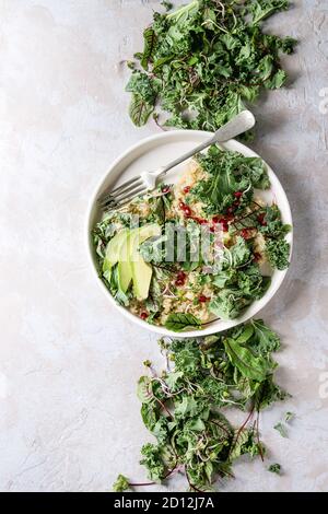 Vegan quinoa salad with kale, young beetroot leaves, garnet seeds, sliced avocado in white plate with ingredients above over grey texture background. Stock Photo
