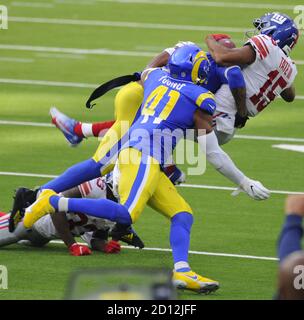 Inglewood, United States. 04th Oct, 2020. Los Angeles Rams' Jalen Ramsey stops New York Giants Golden Tate in the second half at SoFi Stadium in Inglewood, California on Sunday, October 4, 2020. The Rams won 17 to 9. Photo by Lori Shepler/UPI Credit: UPI/Alamy Live News Stock Photo