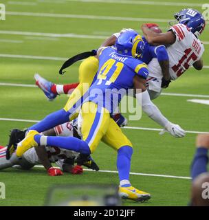 Inglewood, United States. 04th Oct, 2020. Los Angeles Rams Darius Williams  celebrates his interception against the New York Giants in the second half  at SoFi Stadium in Inglewood, California on Sunday, October