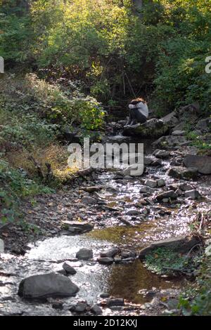 Sad young man sits alone by a forest stream covering his face. Stock Photo
