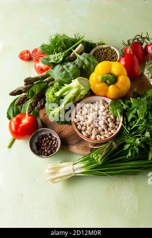 Set of healthy food, clean food and green vegetables Stock Photo