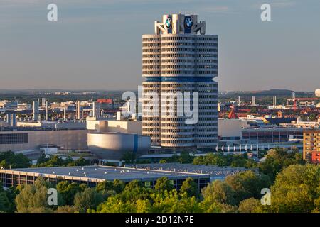 geography / travel, Germany, Bavaria, Munich, view from the Olympiaberg hill to the North on BMW Headq, Additional-Rights-Clearance-Info-Not-Available Stock Photo