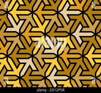 Golden, yellow, geometric islamic pattern with arrows. Color geometric arabic vector texture for cloth, textile, wrapping, wallpaper Stock Vector