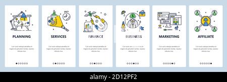 Business planning, finances, services and marketing. Mobile app screens, vector website banner template. Stock Vector