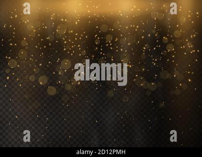 Gold abstract bokeh background dust particles. Golden stars glitter special light effect. Christmas abstract. Vector illustration. Stock Vector