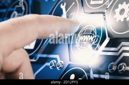 Hand pressing a digital button with www pictogram over blue background. Futuristic web technology concept. Composite image between a hand photography Stock Photo