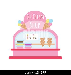 Flat style ice cream shop. Cute pink building decorated with sweet desserts. Some boxes with colored ice cream inside the shop. Vector illustration. Stock Vector