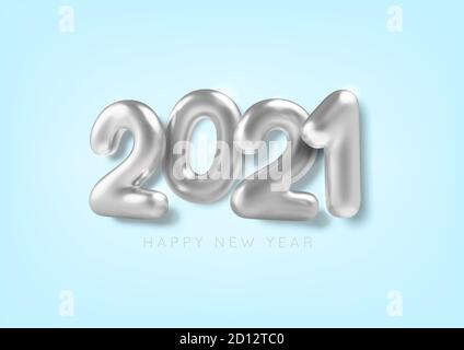 Happy New Year. 3D Realistic silver inscription balloon 2021 on blue background. Metallic text. Vector illustration. Stock Vector