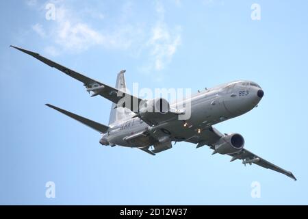 US Navy Boeing P-8A Poseidon (737-8FV) 168853 is demonstrated at Farnborough International Airshow, Hampshire, UK Stock Photo