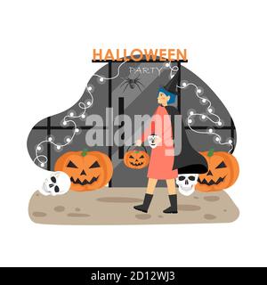 Woman in witch halloween costume going to night club. Halloween party celebration. Vector illustration. Pumpkin decoration Stock Vector