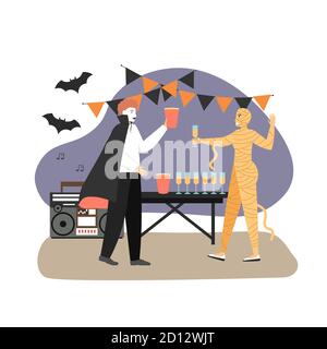 Halloween party at the office. People in halloween costumes dancing and drinking. Group of friends celebrate traditional festival concept vector Stock Vector
