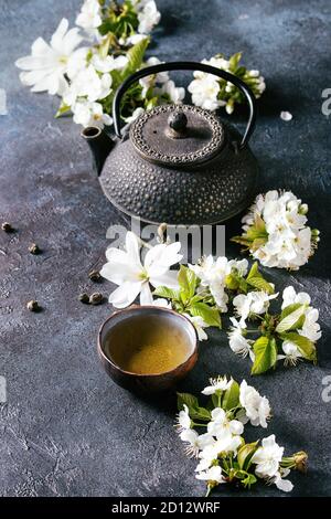 Traditional ceramic cup of hot green tea with black iron teapot, spring flowers white magnolia and cherry blooming branches over dark blue texture bac Stock Photo