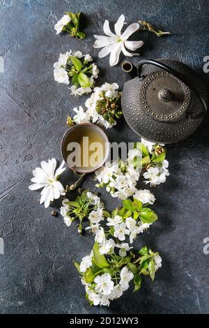 Traditional ceramic cup of hot green tea with black iron teapot, spring flowers white magnolia and cherry blooming branches over dark blue texture bac Stock Photo