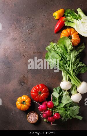 Variety of wet raw fresh organic colorful vegetables tomatoes, radish with leaves, fennel, paprika with bowl of pink salt for salad over dark brown te Stock Photo