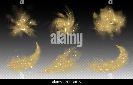 Stardust cloud, swoosh, glitter powder spray with star and particles of dust on transparent background. Realistic vector illustration Stock Vector