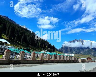 Beautiful valley of hilly area and mountains in india. Beautiful destination for tourists to travel and mountaineering on Himalayas mountain range Stock Photo