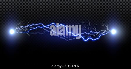 Realistic lightning. Thunder spark light on transparent background. Illuminated realistic path of thunder and many sparks. Bright curved line Stock Vector