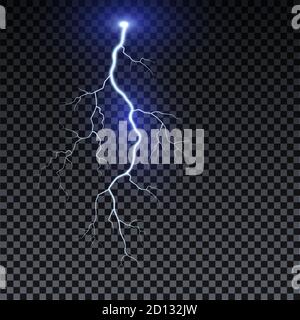 Realistic lightning. Thunder spark light on transparent background. Illuminated realistic path of thunder and many sparks. Bright curved line Stock Vector