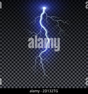 Realistic lightning. Thunder spark light on transparent background. Illuminated realistic path of thunder and many sparks. Bright curved line Stock Vector
