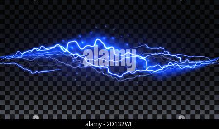 Realistic lightning. Thunder spark light on transparent background. Illuminated realistic path of thunder and many sparks. Bright curved line Stock Vector