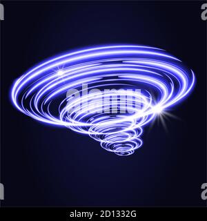 Blue tornado, swirling storm cone of stardust sparkles on dark background. Blue spiral hurricane with light effect. Magical stardust tornado, light hurricane Stock Vector