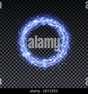 Circle realistic lightning. Thunder spark light, fireball on transparent background. Illuminated realistic path of thunder and many sparks. Bright curved line Stock Vector