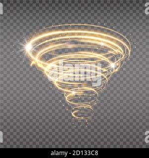 Golden tornado, swirling storm cone of stardust sparkles on transparent background. Golden spiral with light effect. Magical stardust tornado, light hurricane Stock Vector