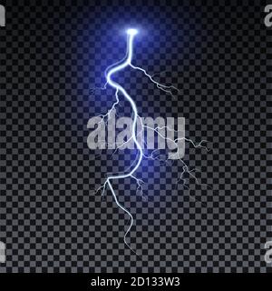 Realistic lightning. Thunder spark light on transparent background. Illuminated realistic path of thunder and many sparks. Bright curved line Stock Vector