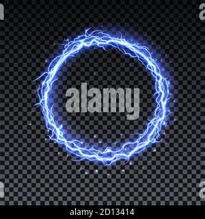 Circle realistic lightning. Thunder spark light, fireball on transparent background. Illuminated realistic path of thunder and many sparks. Bright curved line Stock Vector