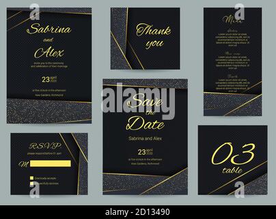 Luxury carbon invitation. Set with invitation, Save the date, Thank you card, RSVP, menu and table number on luxury carbon background. Wedding set Stock Vector