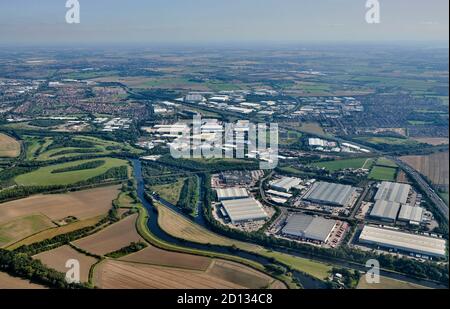 An aerial view of Normanton industrial estate, straddling the M62 Motorway, West Yorkshire, Northern England, UK Stock Photo