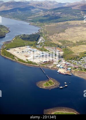 An aerial view of a timber production facility on the shore of Loch Eil, Corpach, near Fort William, Highland Scotland, UK Stock Photo