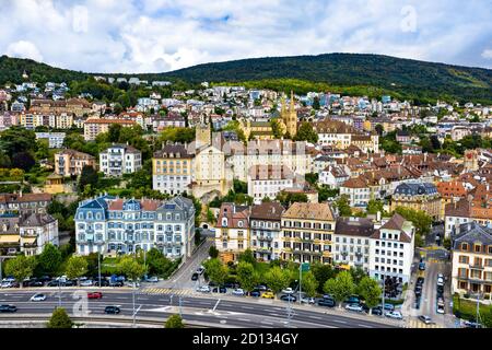 Neuchatel town with the Church and the Castle in Switzerland Stock Photo