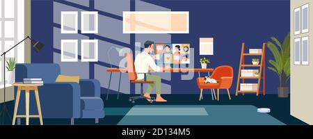 Working at home. Businessmen employee speak talk on video call with colleagues on online briefing, worker have Webcam group conference with coworkers Stock Vector