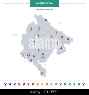 Montenegro map with location pointer marks. Infographic vector template, isolated on white background. Stock Vector