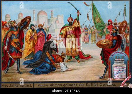 Picture series from the Caliph time, Abdurrahman founded the Caliphate Cordova, Cordoba, Islamic state on the territory of the Iberian Peninsula from 929 to 1031, Spain  /  Bilderserie Aus der Kalifenzeit, Abdurrahman gründet das Kalifat Cordova, islamischer Staat auf dem Gebiet der Iberischen Halbinsel von 929 bis 1031, Spanien, digital improved reproduction of a collectible image from the Liebig company, estimated from 1900, pd  /  digital verbesserte Reproduktion eines Sammelbildes von ca 1900, gemeinfrei Stock Photo