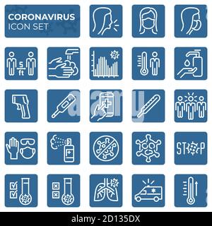 Filled coronavirus icons set. Second wave of coronavirus epidemics. COVID-19 prevention and protection block linear sign collection. Vector symbols Stock Vector