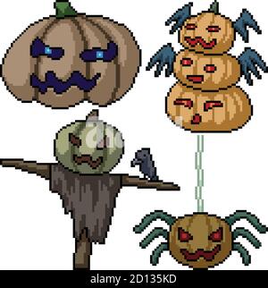 pixel art set isolated pumpkin monster halloween Stock Vector