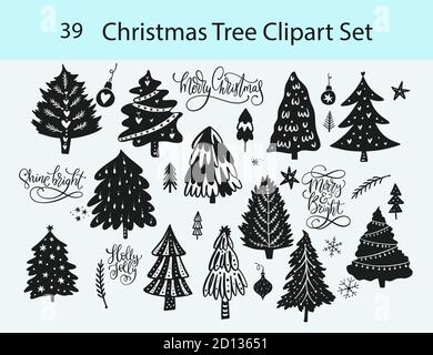 Set of Classic Christmas Trees and Merry Christmas lettering quote collecton in symple style. 39 designs in one file. Winter icon graphic elements. Stock Vector