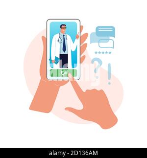 Online consultation with a doctor. Reception at the hospital for a video call, hands holding a smartphone with a man doctor with a stethoscope on the screen. Flat vector illustration Stock Vector