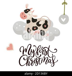 Christmas cute cartoon cow. Vector poster with hand drawn lettering - My first Christmas. Dreaming animal sleeping on a cloud, greeting card and apparel print on white. New Year 2021. Stock Vector